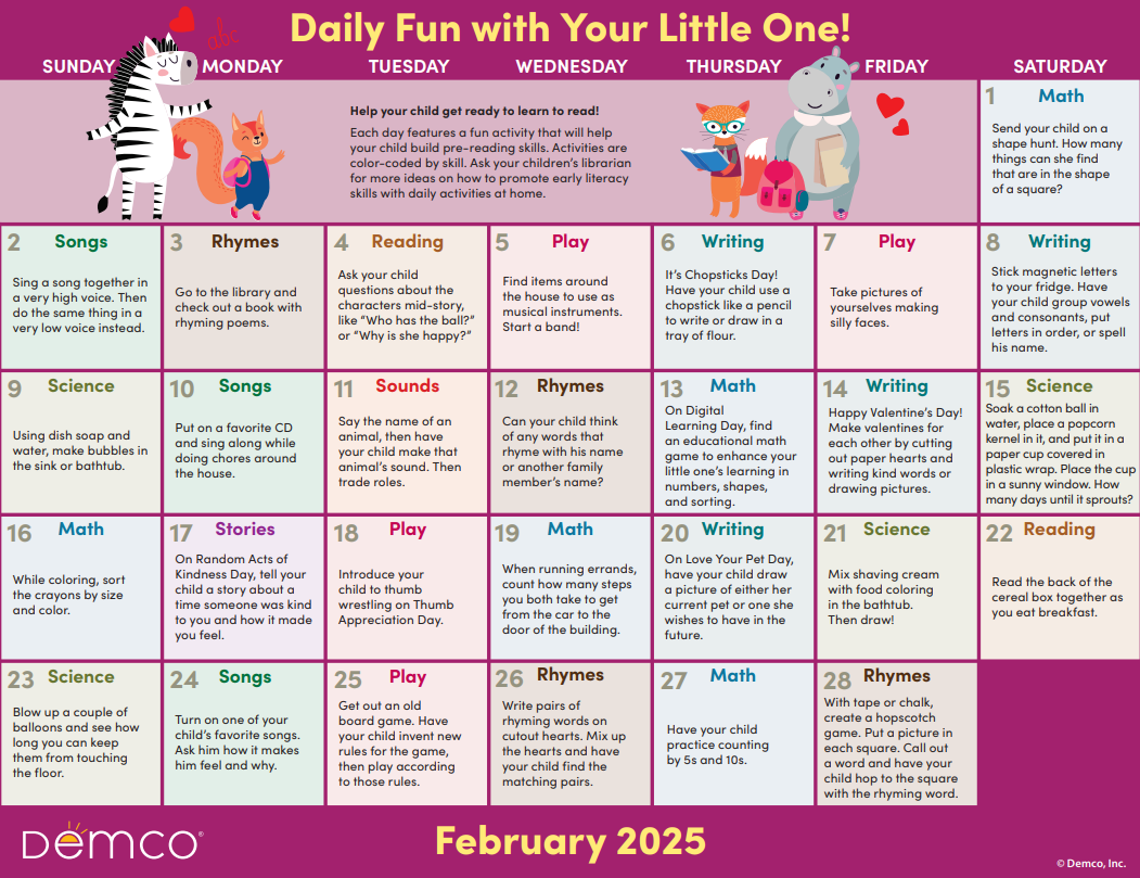 February 2026 calendar with daily activities for young children. Features cartoon animals.