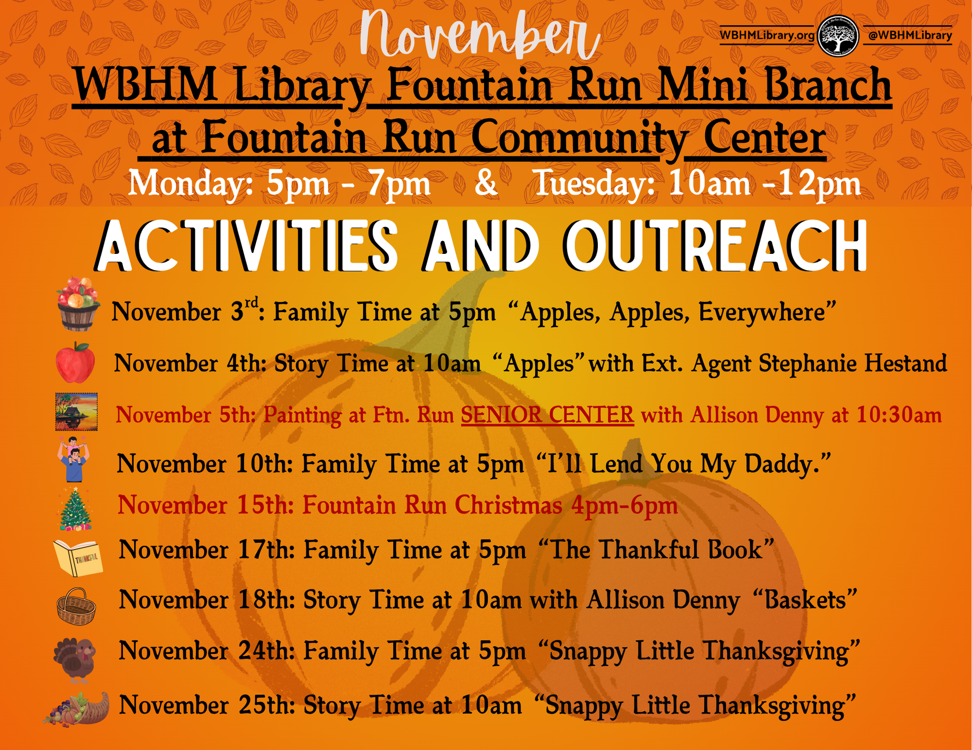 November activities at WBHM Library Fountain Run Mini Branch. Family time, story time, and senior center visit listed.