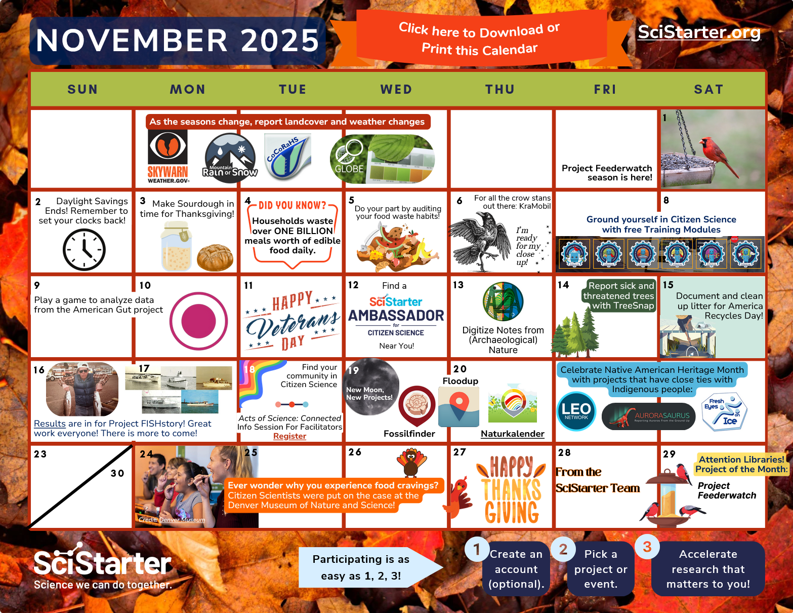 October 2025 calendar with SciStarter projects & holidays. Bats, pumpkins, spiderwebs, and other fall icons.