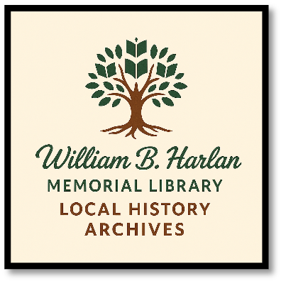 Logo for William B. Harlan Memorial Library. Tree image with text: Memorial Library, Local History Archives.
