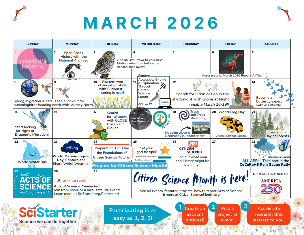 March 2026 calendar with SciStarter projects & holidays. 