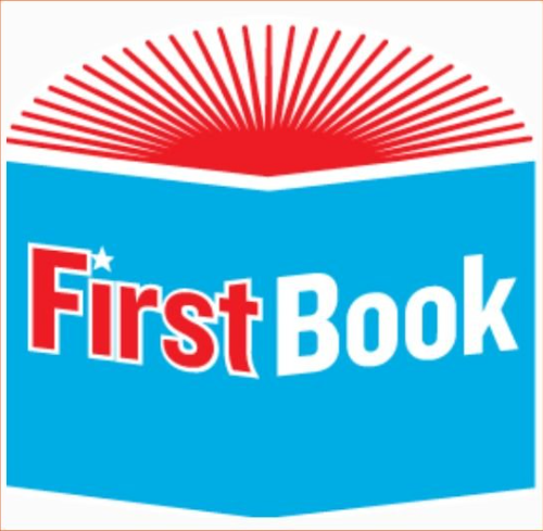 First Book logo: red text on blue, stylized open book with sunburst design above.