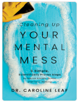 Book cover: A hand in rubber yellow glove cleaning soap on blue background; title "Cleaning up your mental mess : 5 simple, scientifically proven steps to reduce anxiety, stress, and toxic thinking" by Leaf, Caroline.