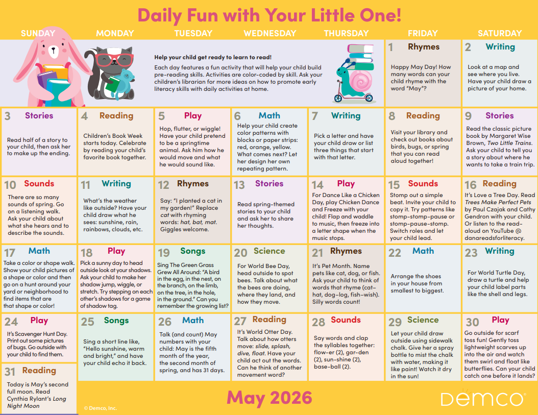 May 2026 calendar with daily activities for young children. Features cartoon animals.