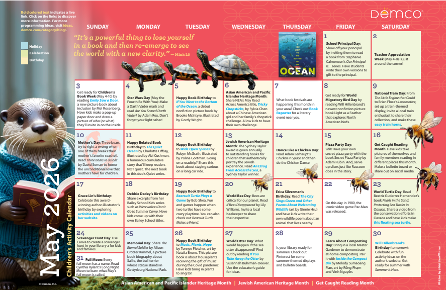 May 2026 calendar with yellow poetry background. Days have brief text notes.