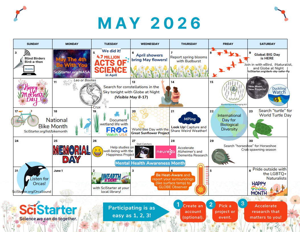 May 2026 calendar with SciStarter projects & holidays. 