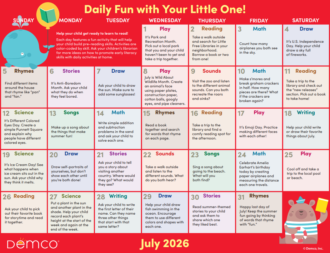 July 2026 calendar with daily activities for young children. Features cartoon animals.