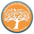 William B Harlan Memorial Library Logo in Blue and Orange