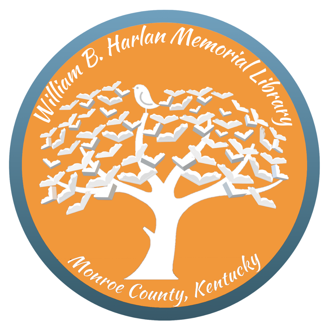 William B Harlan Memorial Library Logo in Blue and Orange