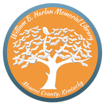 William B Harlan Memorial Library Logo in Blue and Orange