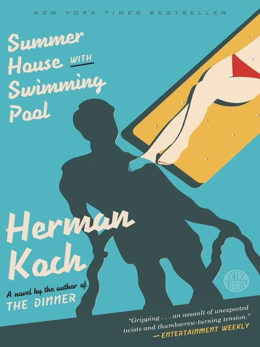 Book cover: Silhouette of a man next to a pool; woman on a yellow float. Title: Summer House with Swimming Pool.