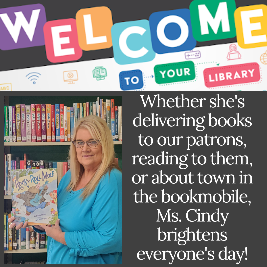 Woman in library, holding a book, with “Welcome to Your Library” message. Text describes her book delivery and reading.
