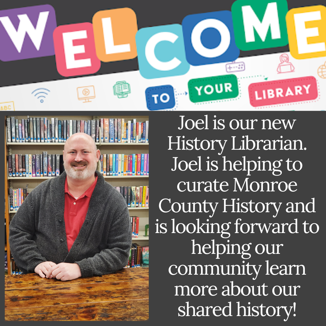 Welcome graphic with a photo of Joel, the new history librarian. He stands in front of bookshelves.