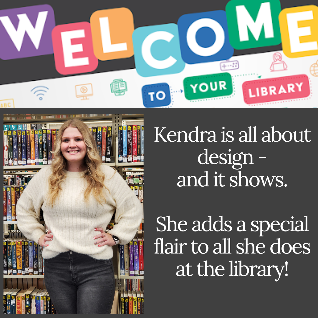 Woman in library, text 