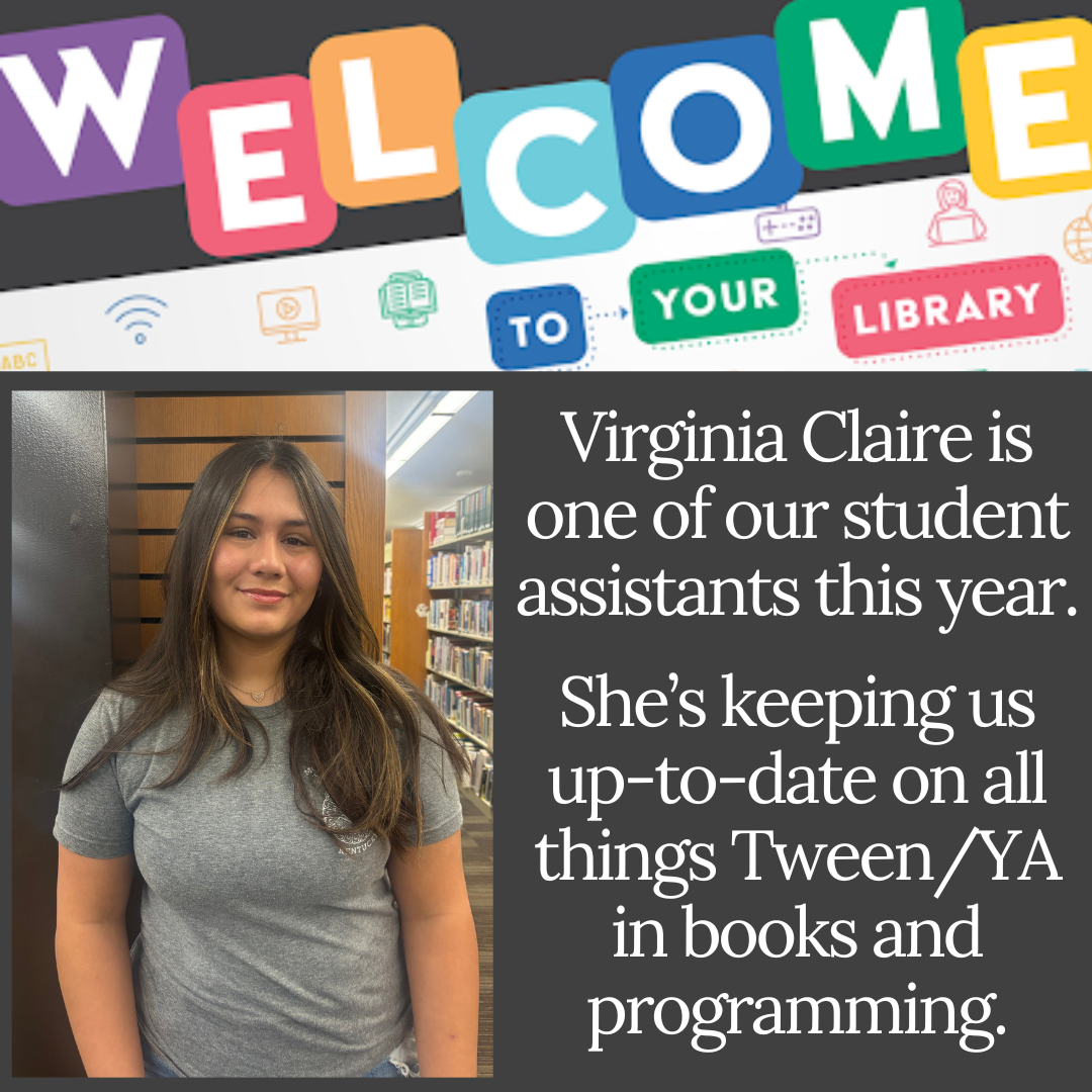 Woman in gray shirt, welcoming graphic: 