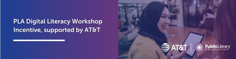 Woman in headscarf holding a tablet, smiling. Workshop title with AT&T and Public Library logos.