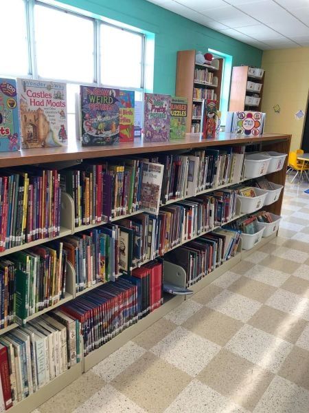 Bookshelves filled with books in a library, with a window and colorful walls visible.