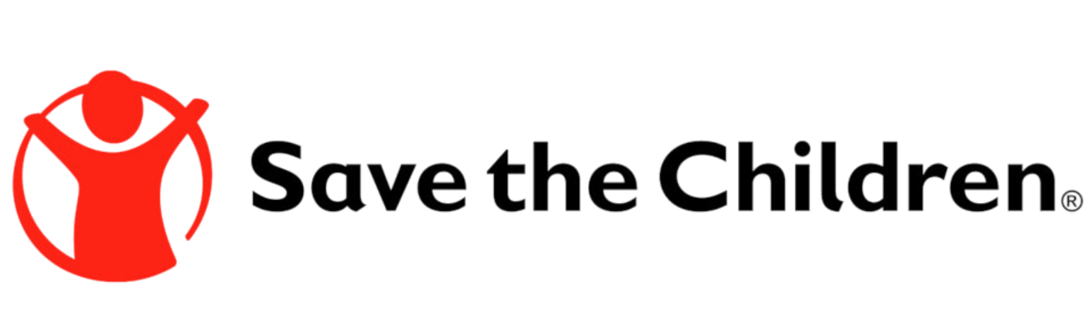 Save the Children logo: Red figure with arms up within a circle, followed by the words 