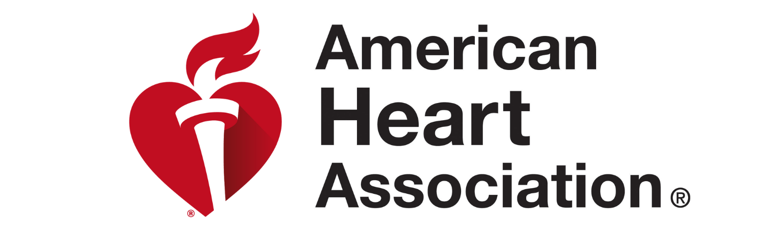 American Heart Association logo: Red heart with flame and a torch, black text.