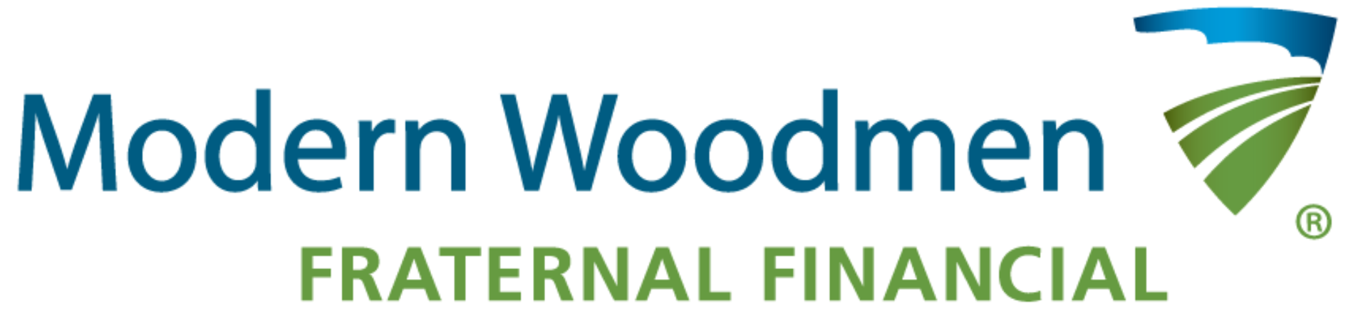 Modern Woodmen Fraternal Financial logo. Blue text on white background with green field and sky icon.