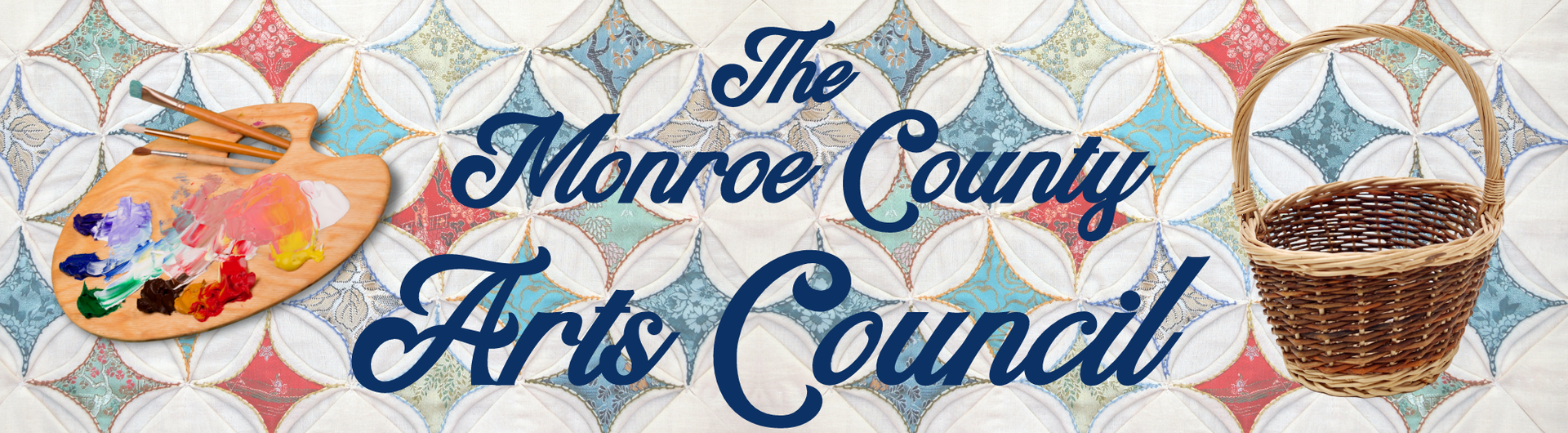 Logo for The Monroe County Arts Council, with a paint palette, basket, and text on a patterned background.