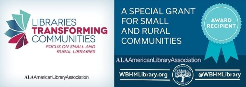 Libraries Transforming Communities grant announcement. Features ALA logo, grant details, and award recipient badge.