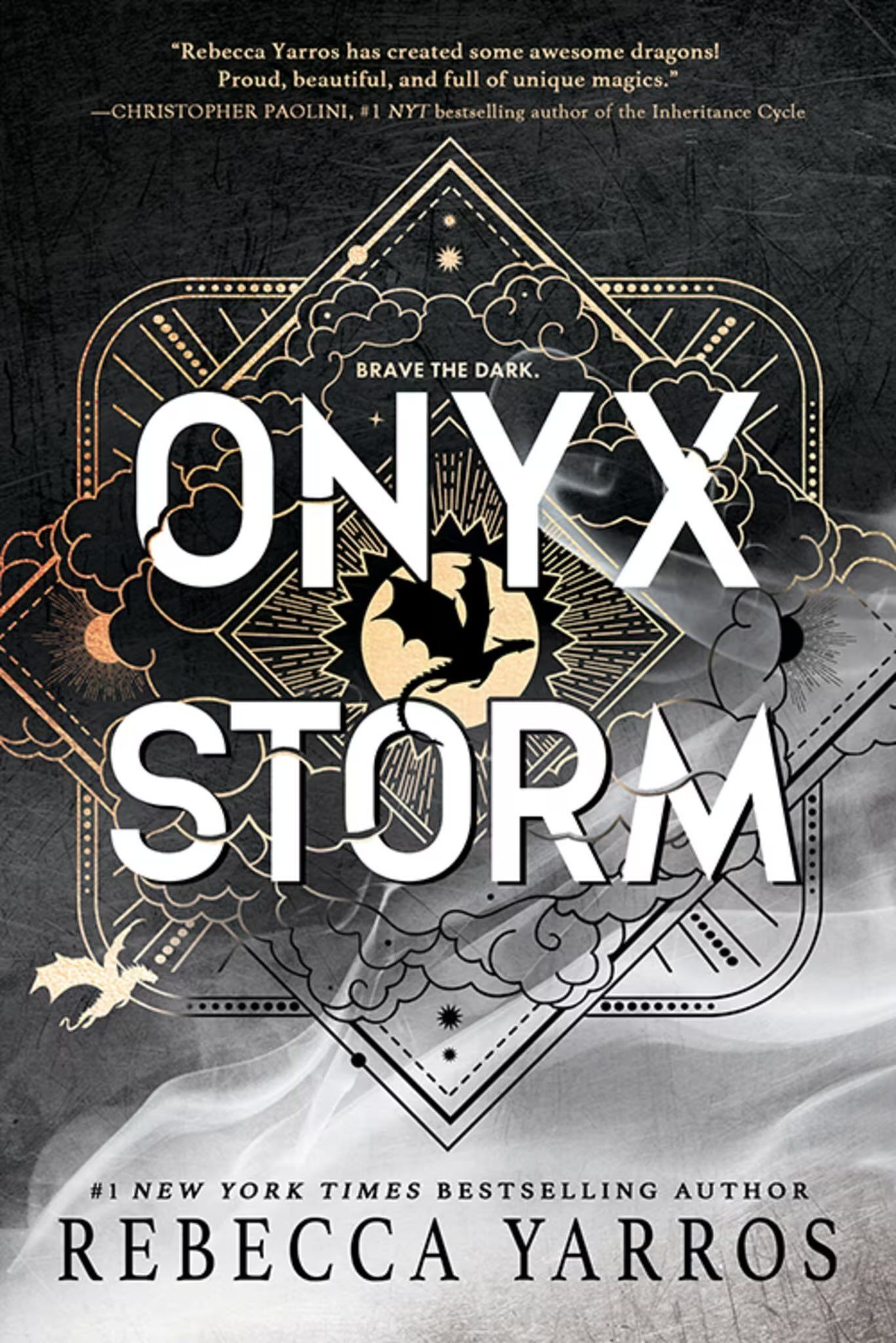 Book cover: "Onyx Storm" title, gold and black design, dragon illustration, by Rebecca Yarros.