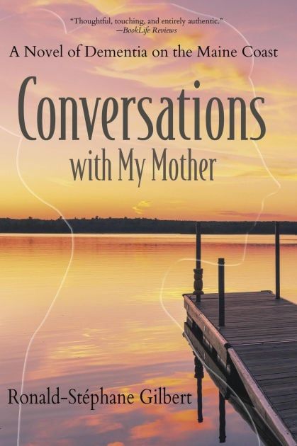 Book cover with a lakeside dock at sunset, titled "Conversations with My Mother".
