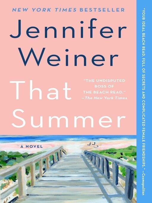 Book cover for "That Summer" by Jennifer Weiner, with a beach scene and pink and blue tones.