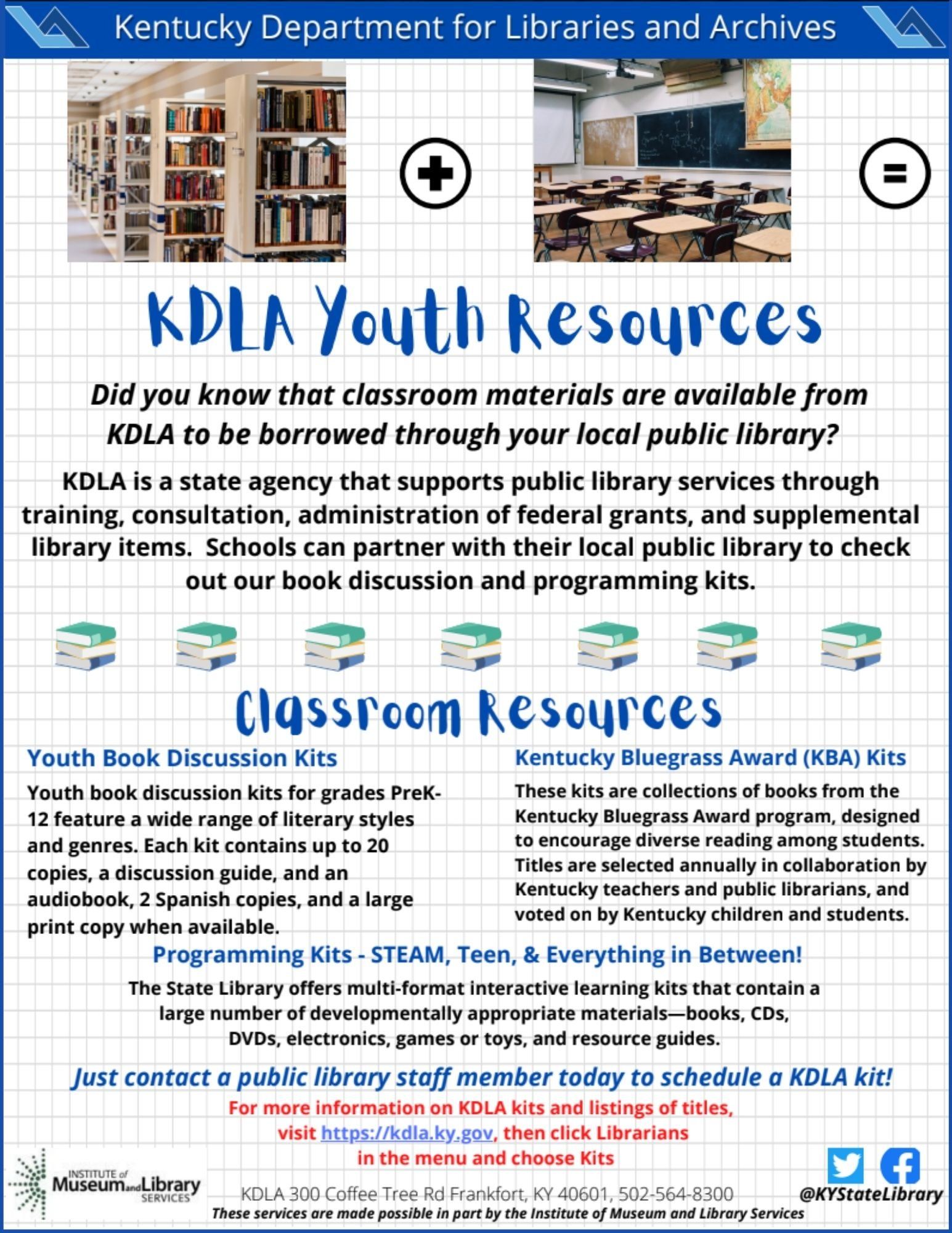 Flyer from Kentucky Department for Libraries and Archives promoting youth resources, including book discussion and programming kits.