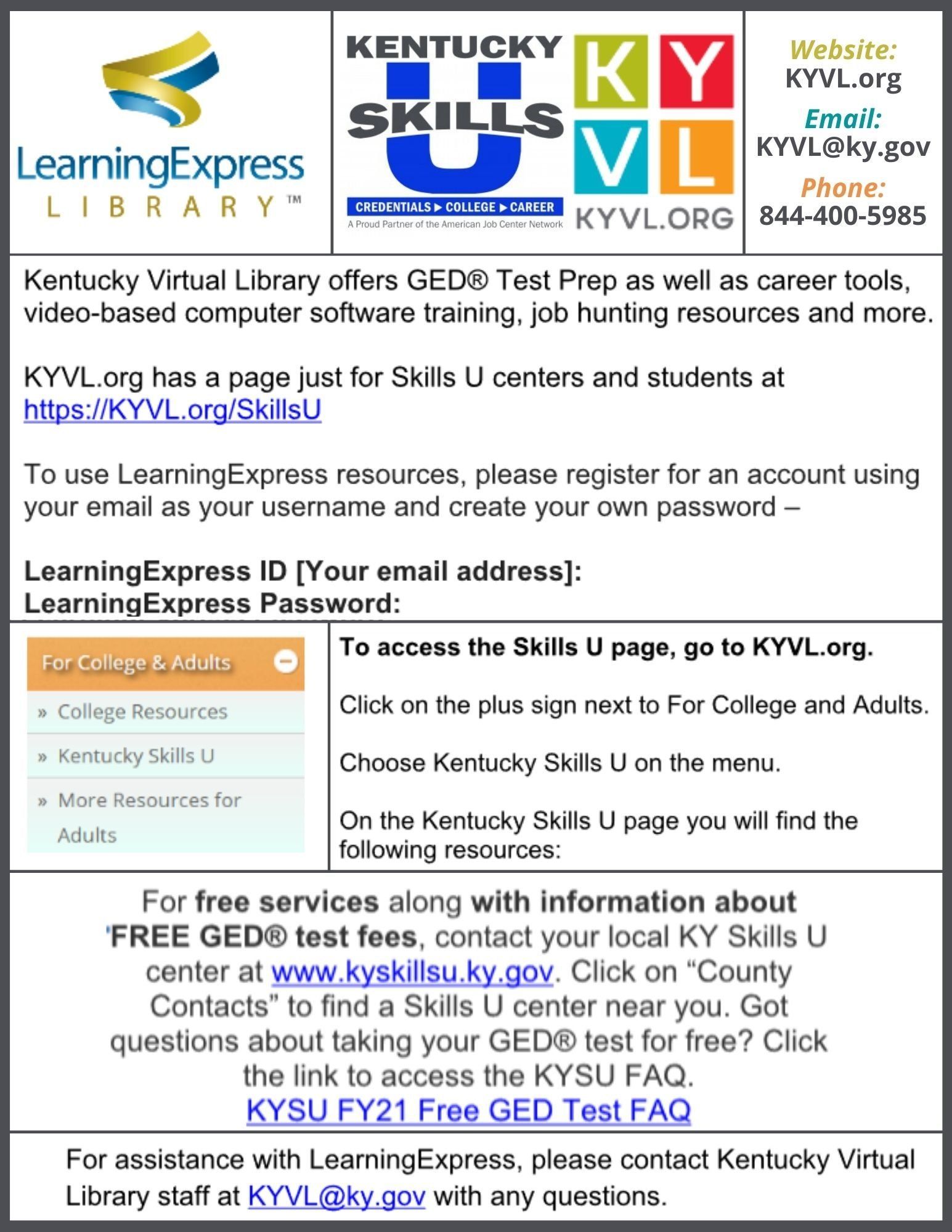 Informational flyer: Kentucky Virtual Library, GED test prep, career tools, and Skills U information.