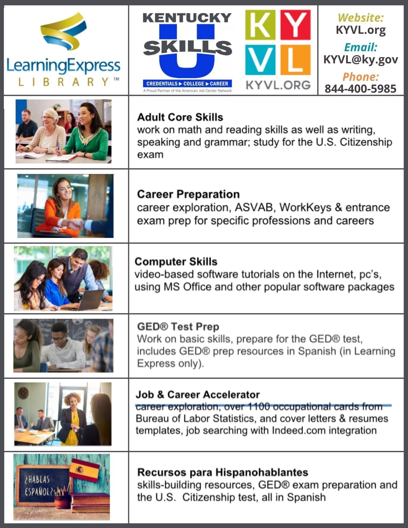 Flyer promoting Kentucky Skills U services: adult core skills, career prep, computer skills, GED test prep, job accelerator, & resources for Spanish speakers.