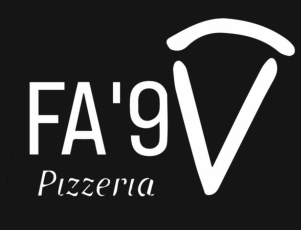 Logo della pizzeria FA'9V su sfondo nero. Testo bianco e immagine di una fetta di pizza.