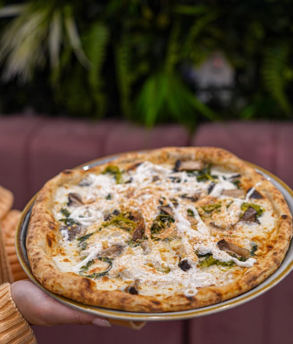 Mano che tiene una pizza rotonda con funghi, formaggio e pesto, all'aperto.