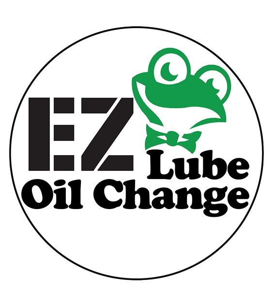 Logo for EZ Lube Oil Change featuring a green frog wearing a bow tie and the words 