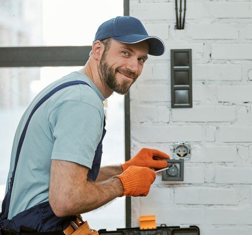 Cheerful young man fixing electrical wall socket