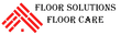 A red and white logo for floor solutions floor care