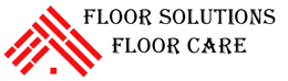A red and white logo for floor solutions floor care