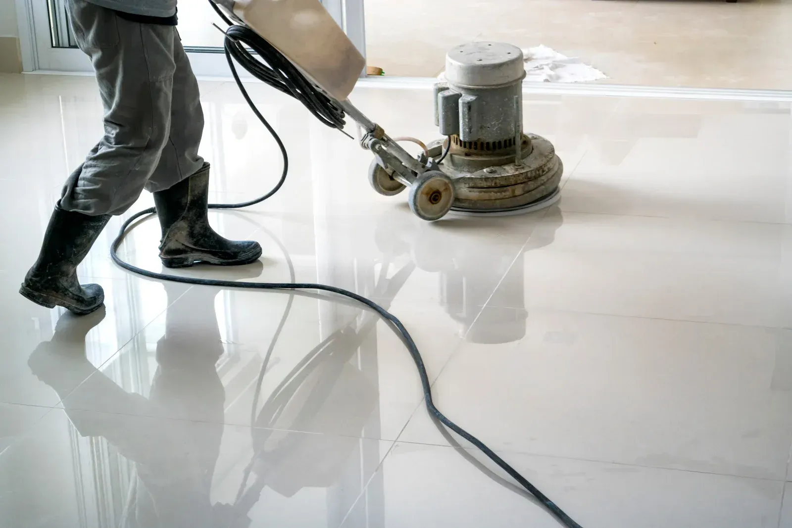 A man is cleaning a tiled floor with a machine.