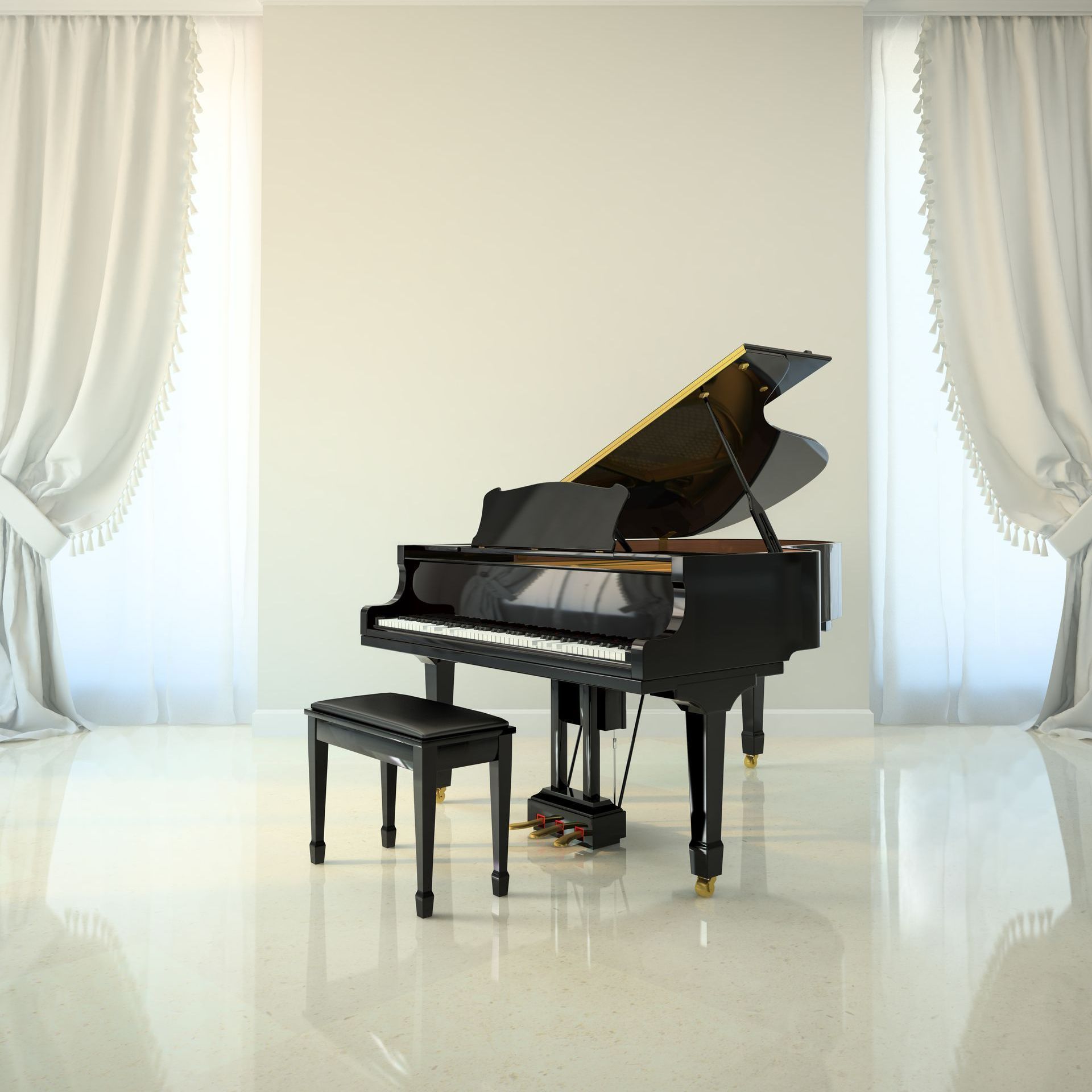Black grand piano with bench in a bright room, next to white curtains.