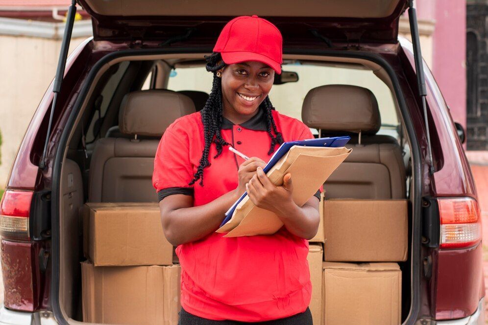 Delivery person in red uniform, smiling, with clipboard, boxes in vehicle.