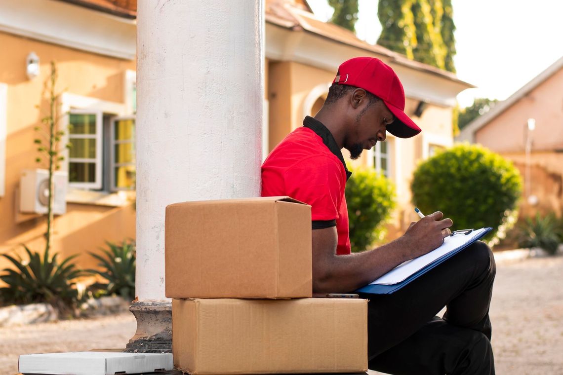 Delivery person in red shirt and cap, writing on a clipboard next to stacked boxes near a building's pillar.