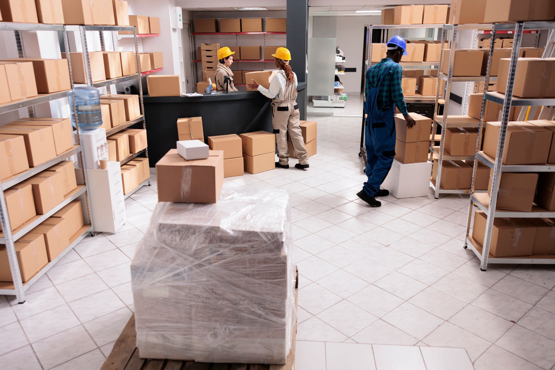 Warehouse workers moving boxes on shelves and checking inventory.
