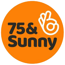 A logo for 75 & sunny with a hand giving a thumbs up.