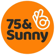 A logo for 75 & sunny with a hand giving a thumbs up.
