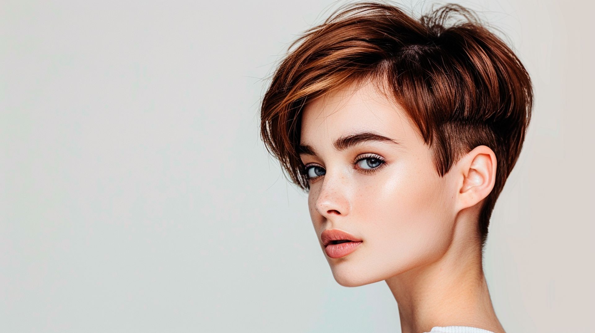 A woman with short hair and a shaved head is wearing a white shirt.
