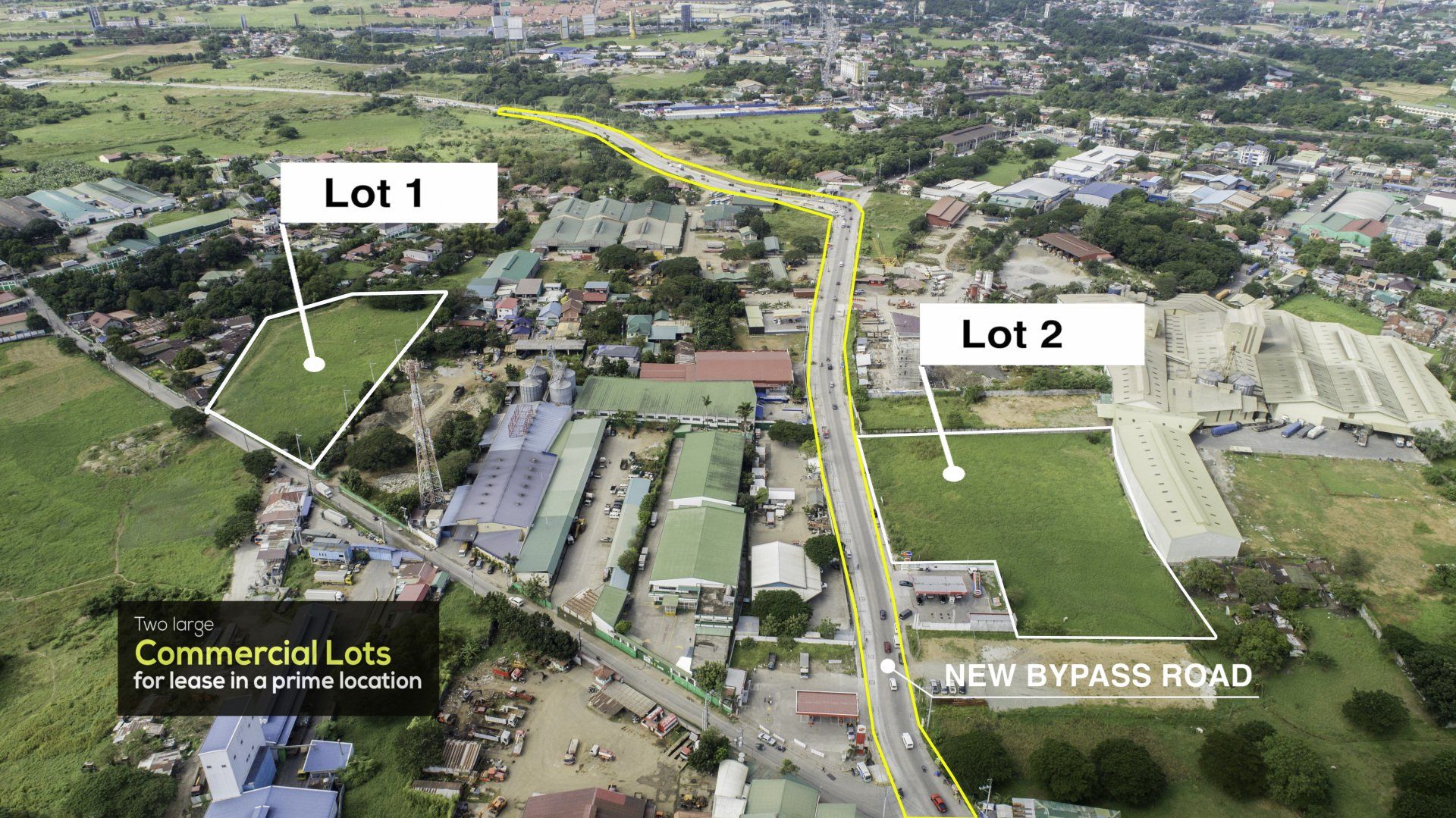 An aerial view of two commercial lots in a city.