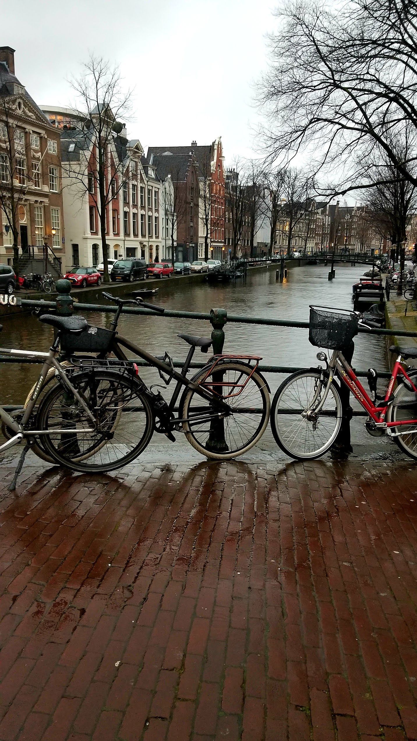 Bicycles parked on a bridge in Amsterdam over a canal with buildings in the background. Overcast day.