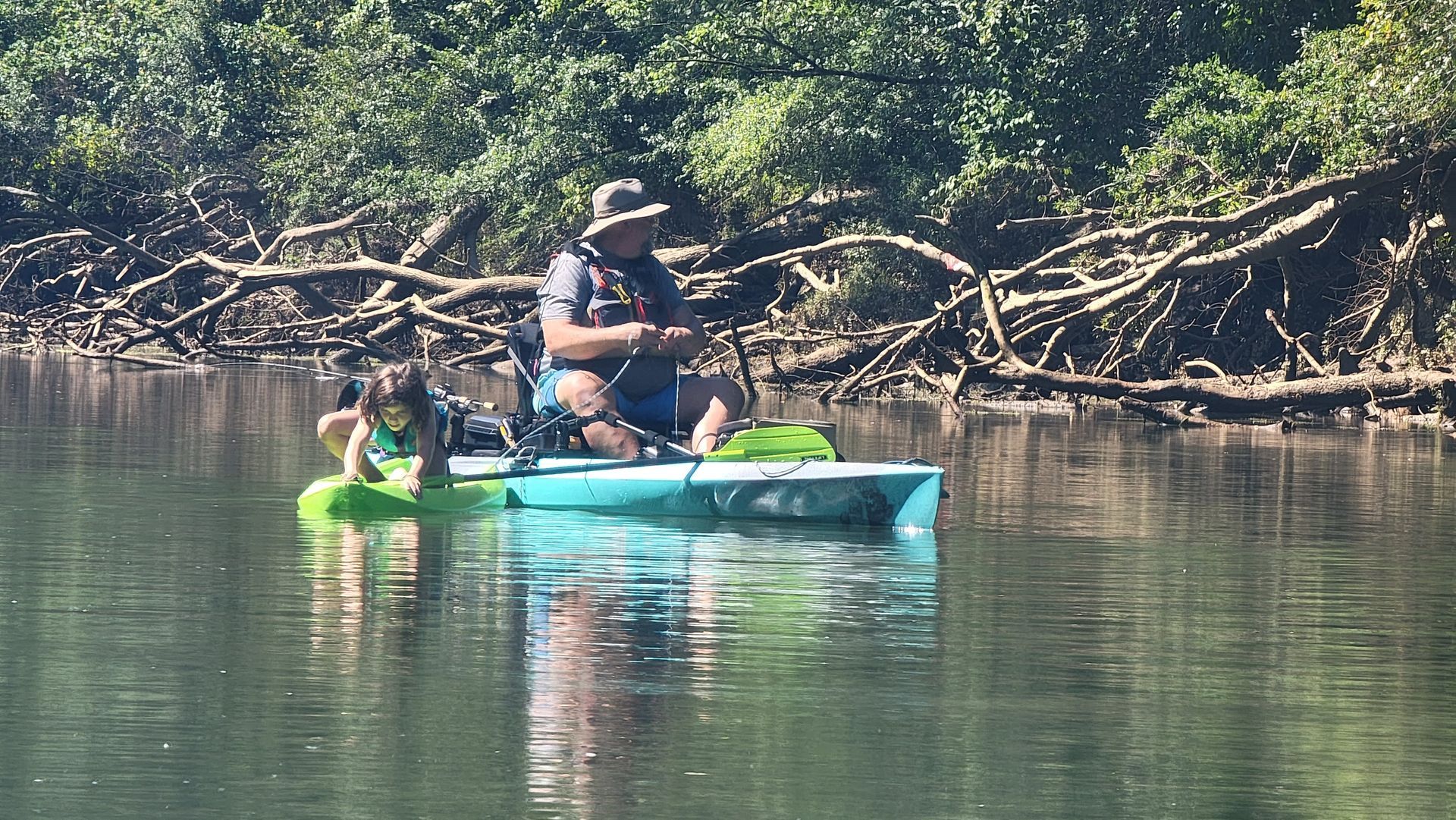 Person fishing from a teal kayak, with a dog on a float. Near mangroves, sunny day.