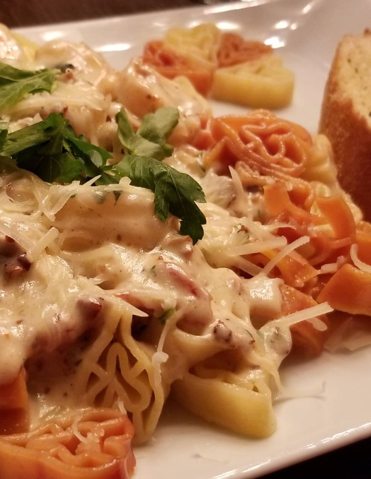 Pasta with creamy sauce, garnished with parsley and grated cheese, on a plate, with bread.